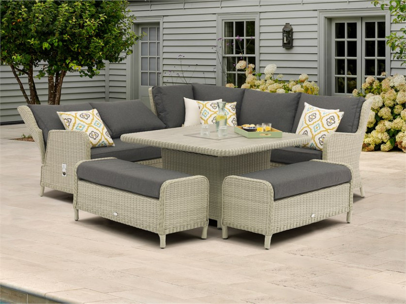 Chedworth Recliner Sofa Dove Grey, Square Firepit Table & 2 Benches photo