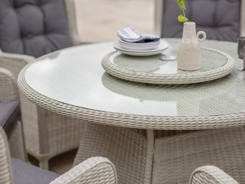 Chedworth Dove Grey Rattan 6 Seat Round Dining Set with Lazy Susan, Parasol & Base photo