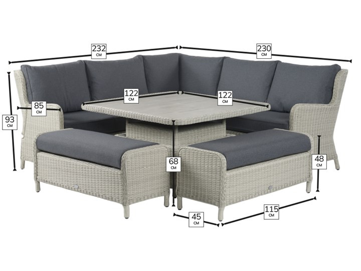 Chedworth Dove Grey Reclining Modular Sofa with Square Dual Height Ceramic Top Table & 2 Benches photo