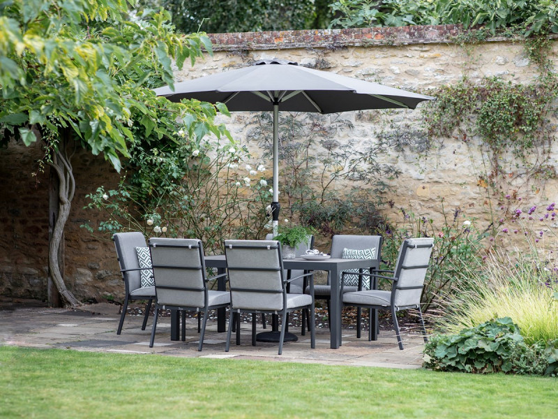 Bramblecrest Seville 6 Seat Rectangle Dining Set with Valencia Armchairs, Parasol & Base