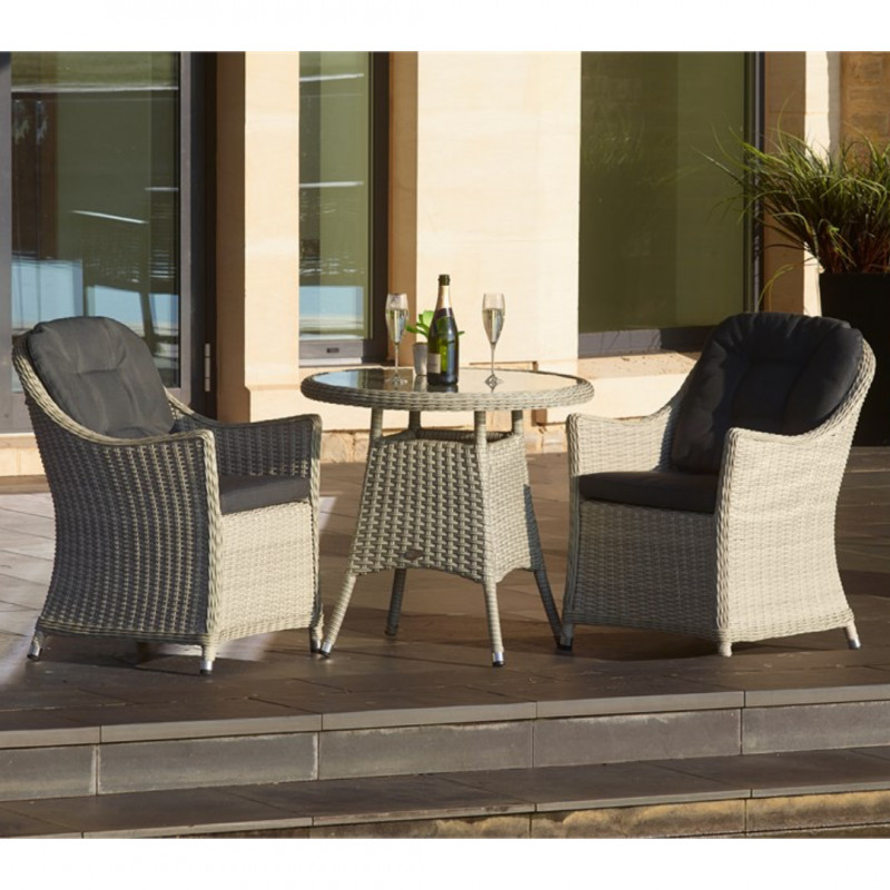 Monterey Dove Grey 80cm Bistro Table with Glass Top & 2 Armchairs