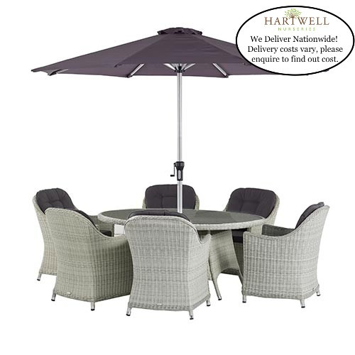 Monterey Dove Grey 175 x 120cm Elliptical Table with 6 Armchairs & Parasol & Base photo