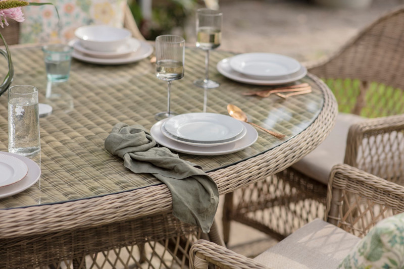 Rosemoor 175x120cm Elliptical Table with 6 chairs, Parasol & base photo