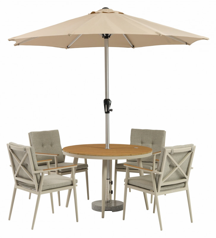 Wisley 110cm Round Table with 4 Armchairs, Parasol & Base- Mocha photo