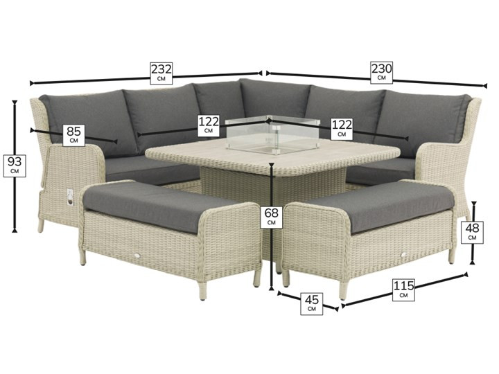 Chedworth Recliner Sofa Dove Grey, Square Firepit Table & 2 Benches photo