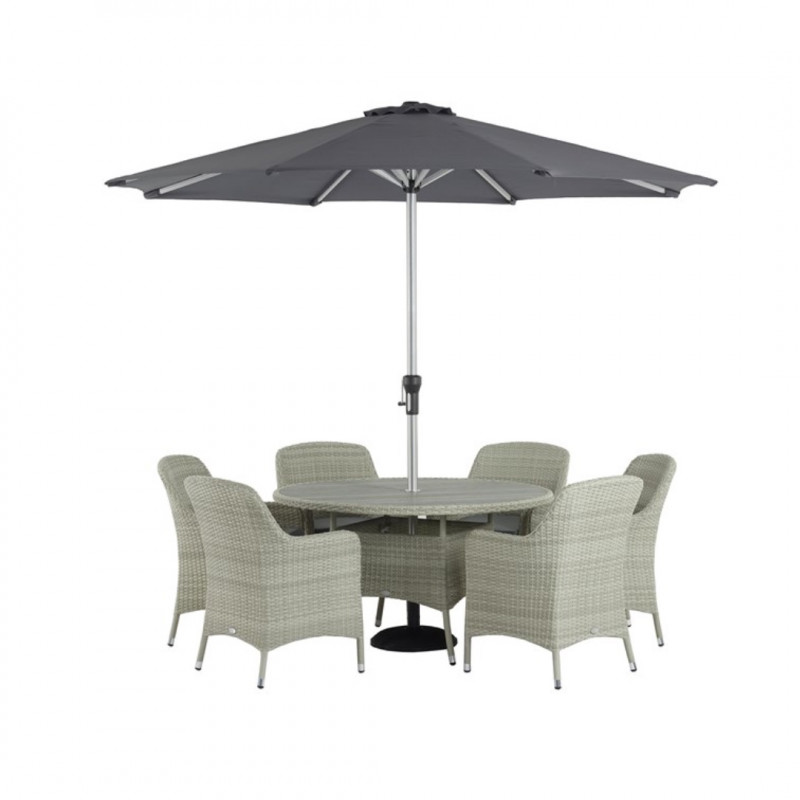 Tetbury Cloud Rattan 6 Seat Round Dining Set with Tree-Free Top, Parasol & Base