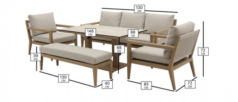 Maine 3 Seat Sofa with 2 Sofa Chairs, Rectangle Piston Table & Bench photo