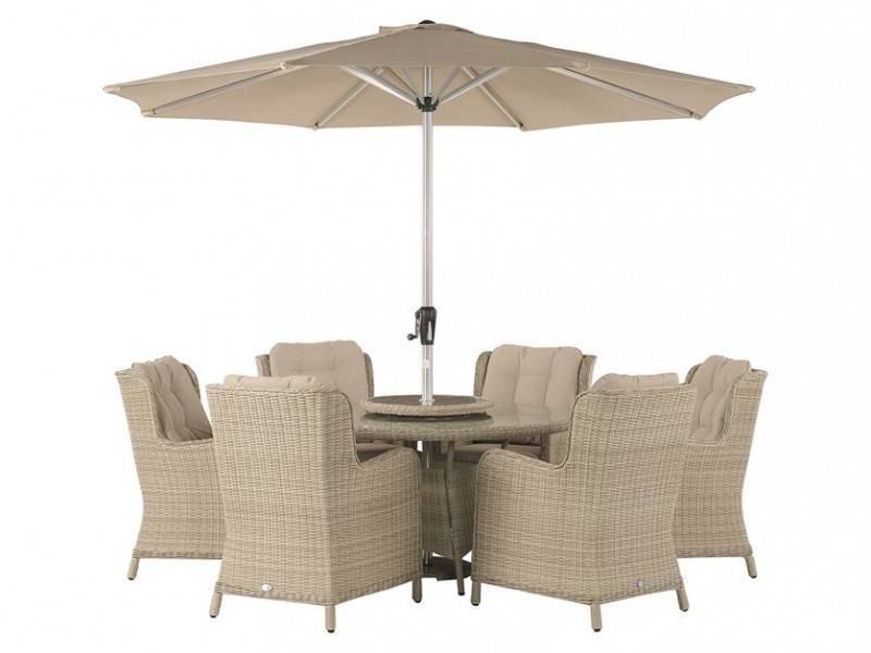 Chedworth Sandstone 140cm Round Table with 60cm Lazy Susan, 6 High-Back Armchairs, Parasol & Base photo