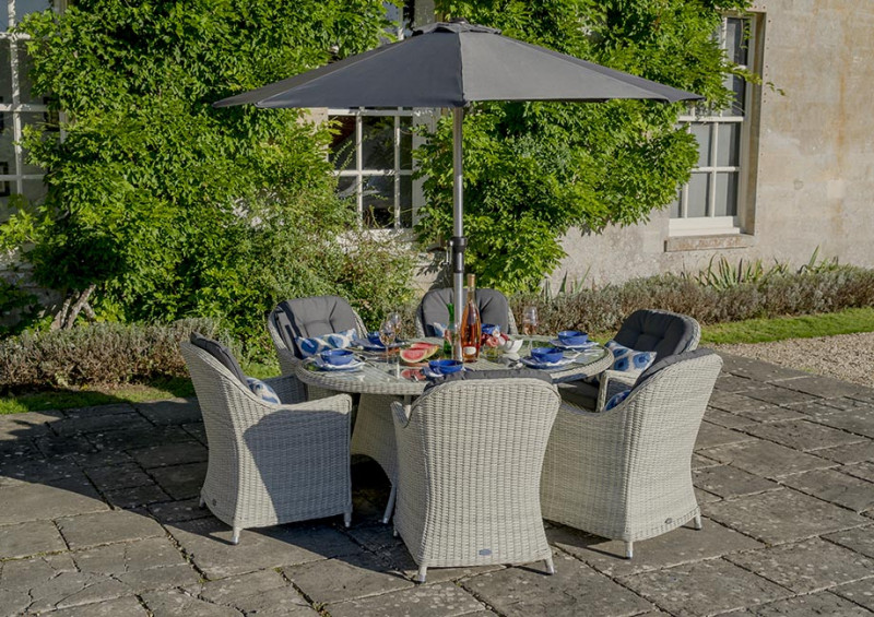 Monterey Dove Grey 175 x 120cm Elliptical Table with 6 Armchairs & Parasol & Base photo