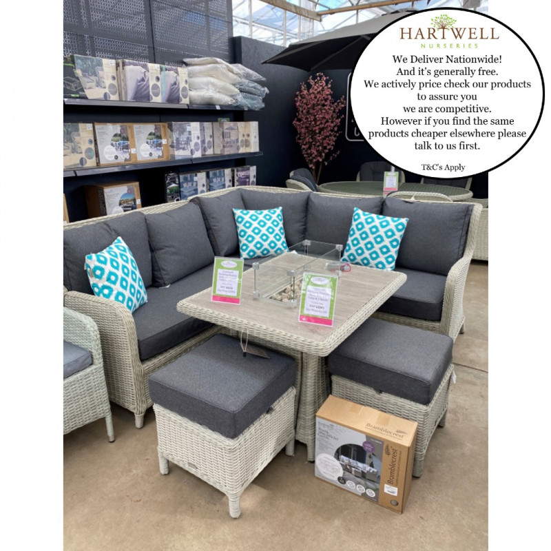 Bramblecrest Chedworth Dove Grey Rattan Reclining Mini Corner Sofa with Dual Height Table & 2 Stools- Low Stock