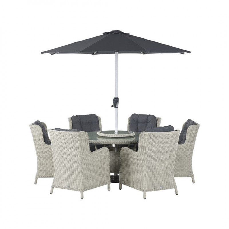 Chedworth Dove Grey Rattan 6 Seat Round Dining Set with Lazy Susan, Parasol & Base photo