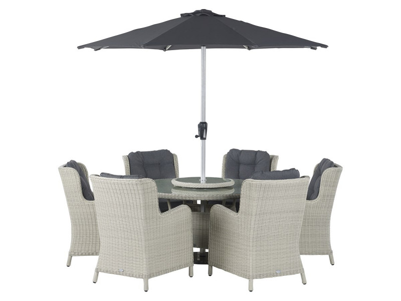 Chedworth Dove Grey Rattan 6 Seat Round Dining Set with Lazy Susan, Parasol & Base photo
