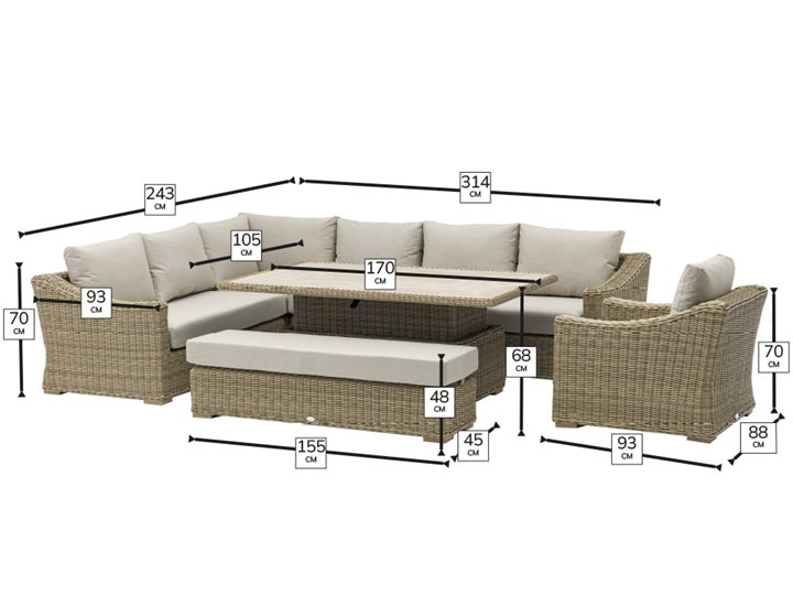 Fairford Rattan L-Shape Sofa with Rectangle Piston Adjustable Height Table, Bench & Chair- Display Only photo