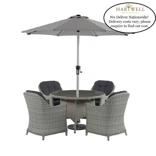 Bramblecrest Monterey Dove Grey 120cm Round Table with 4 Armchairs, Parasol & Base