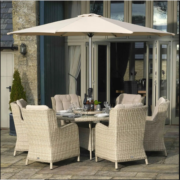 Chedworth Dove Grey Rattan 6 Seat Round Dining Set with Lazy Susan, Parasol & Base photo