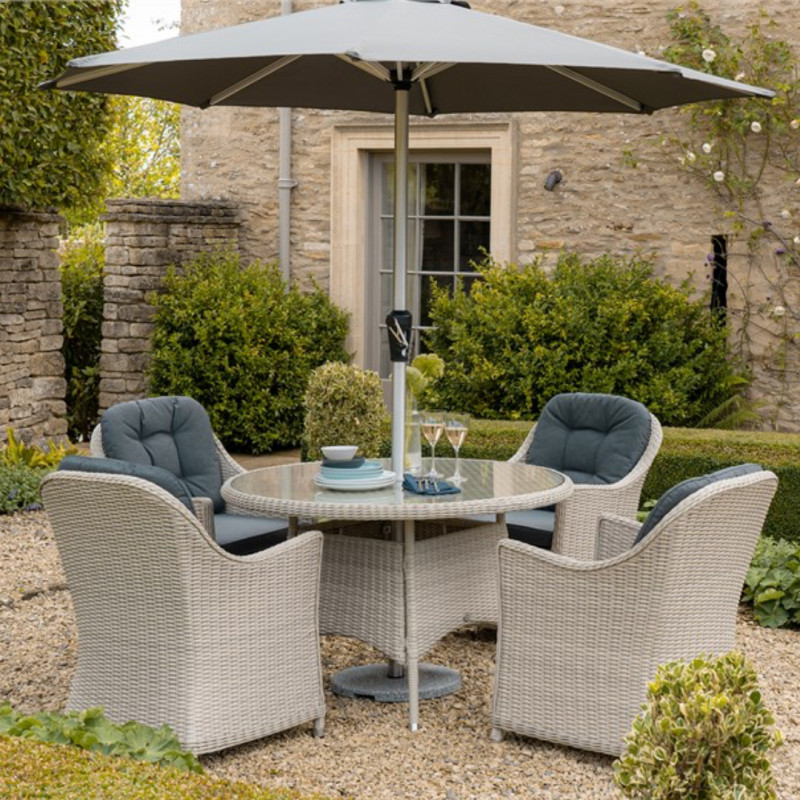 Monterey Dove Grey 120cm Round Table with 4 Armchairs, Parasol & Base