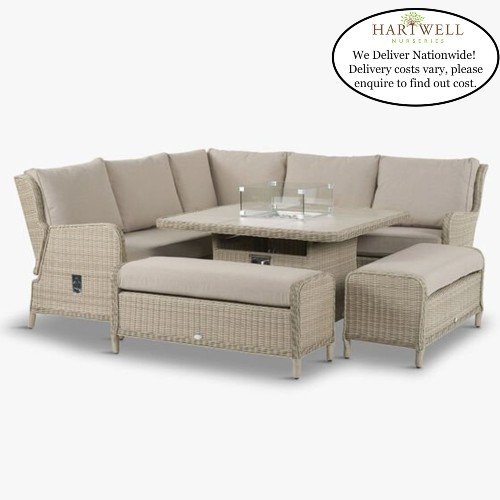 Chedworth Reclining Garden Sofa Set with Square Fire Pit Dining Table- Sandstone