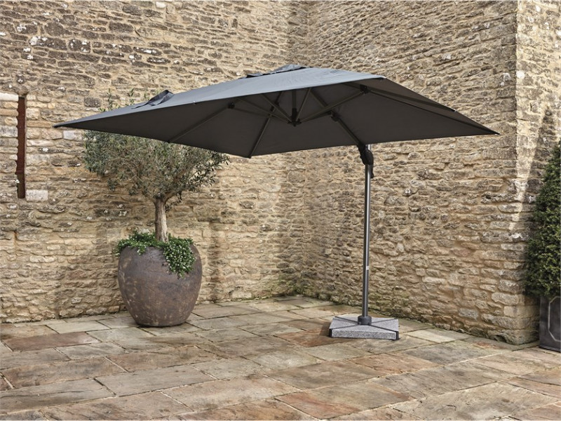 Chichester 3m Square Parasol with Granite Base and Cover- Grey- Low Stock photo