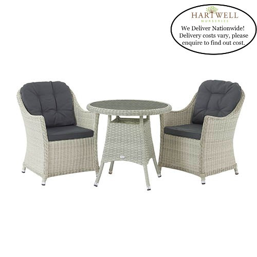 Monterey Dove Grey 80cm Bistro Table with Glass Top & 2 Armchairs- Low Stock