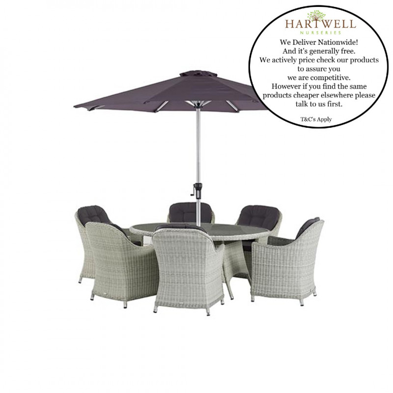 Bramblecrest Monterey Dove Grey 175 x 120cm Elliptical Table with 6 Armchairs & Parasol & Base- Low Stock