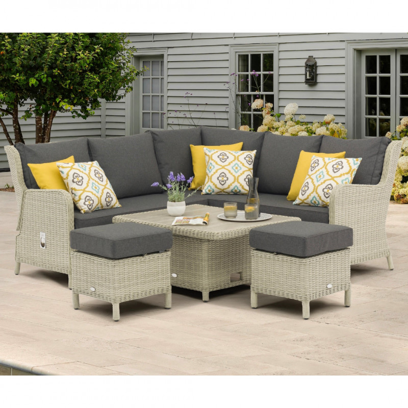 Chedworth Dove Grey Rattan Reclining Mini Corner Sofa with Dual Height Table & 2 Stools