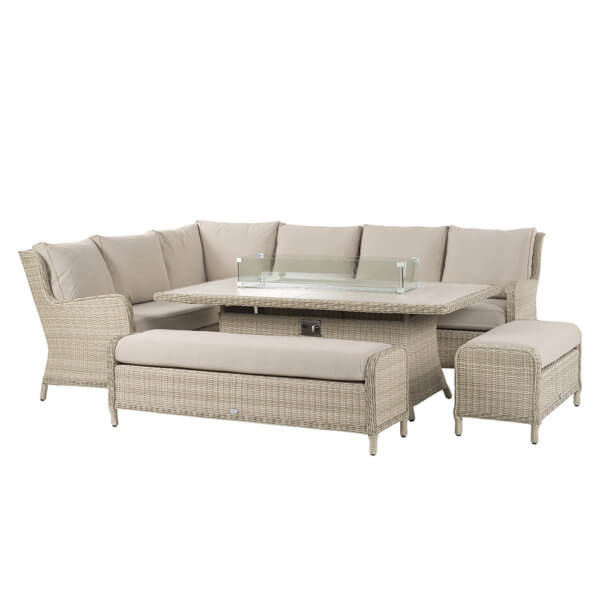 Bramblecrest Chedworth Large Sofa Set with Rectangle Fire Pit Dining Set & 2 Benches- Sandstone