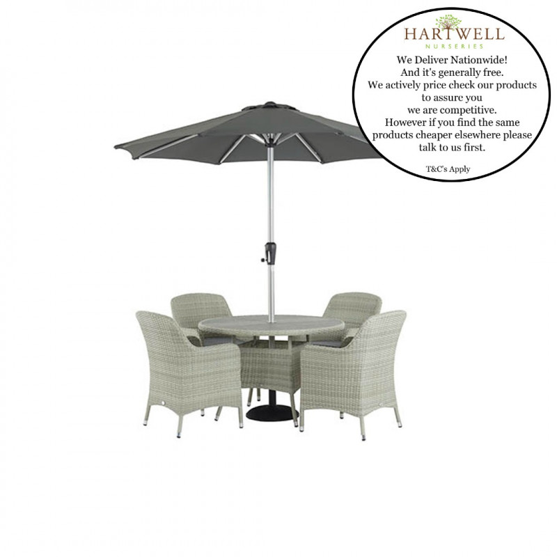 Tetbury Cloud 110cm Round Table with Tree-Free Top & 4 Armchairs with Eco Cushions & Parasol & Base photo