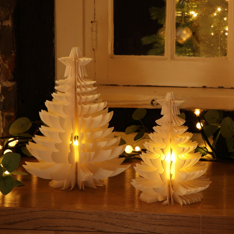 SET OF 2 CREAM PAPER TREE WITH FLICKERING EFFECT TEA LIGHT- BATTERY OPERATED photo