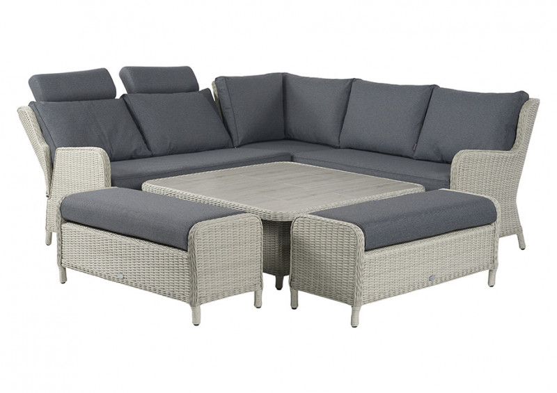 Chedworth Dove Grey Reclining Modular Sofa with Square Dual Height Ceramic Top Table & 2 Benches photo