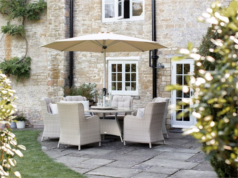 Chedworth Sandstone Rattan 6 Seat Round Dining Set with Lazy Susan, Parasol & Base photo