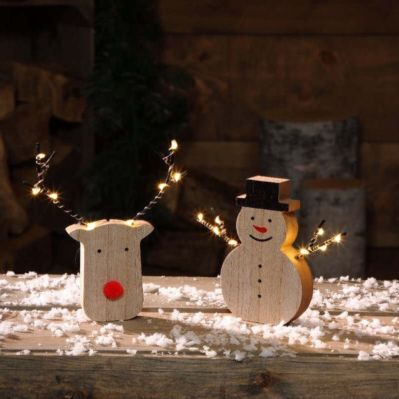 15CM WOODEN SNOWMEN & REINDEER WITH 8 MICRO LEDS IN DISPLAY