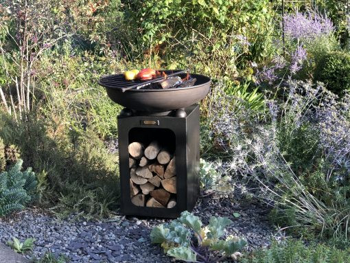 Firebowl with Log Store with Swing Arm BBQ Rack 70cm photo