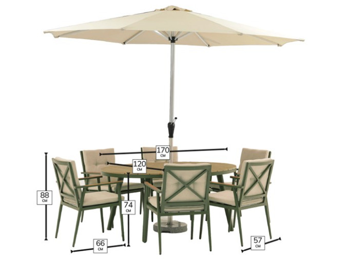 Wisley 175x120cm Ellip Table, 6 Armchairs, Parasol & Base- Sage photo