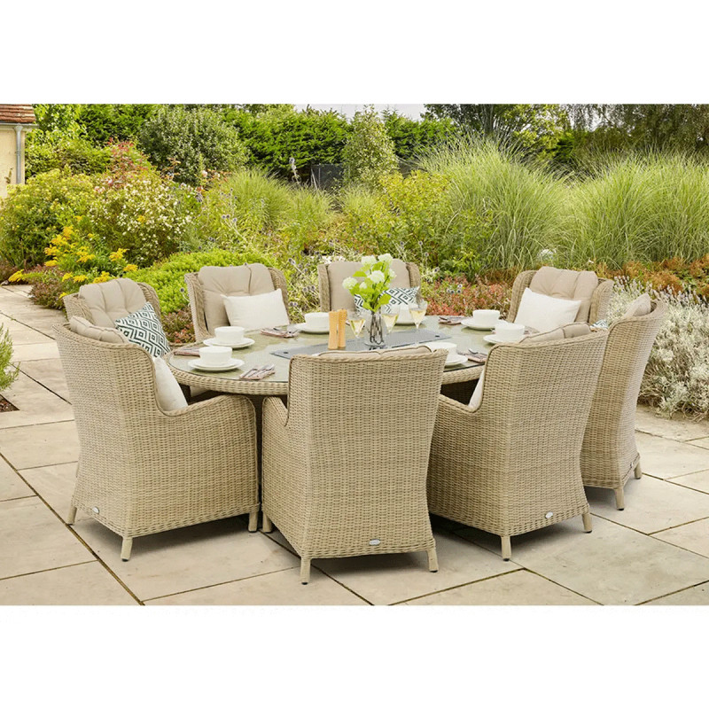Chedworth Sandstone Rattan 8 Seat Elliptical Dining Set (including 2 Recliners) with Lazy Susan, Parasol & Base
