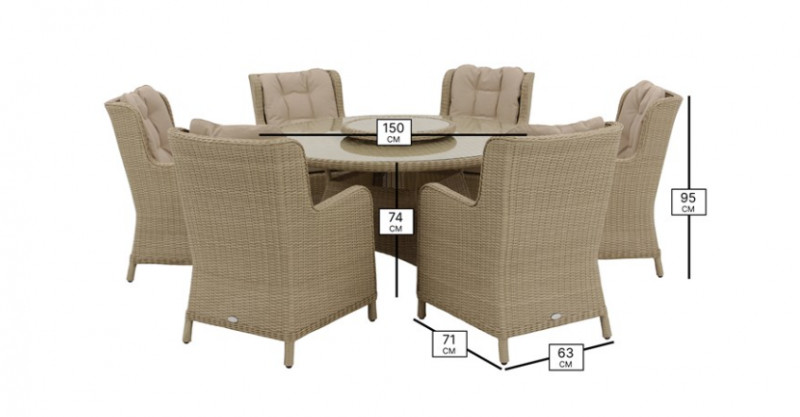 Chedworth Sandstone 140cm Round Table with 60cm Lazy Susan, 6 High-Back Armchairs, Parasol & Base photo