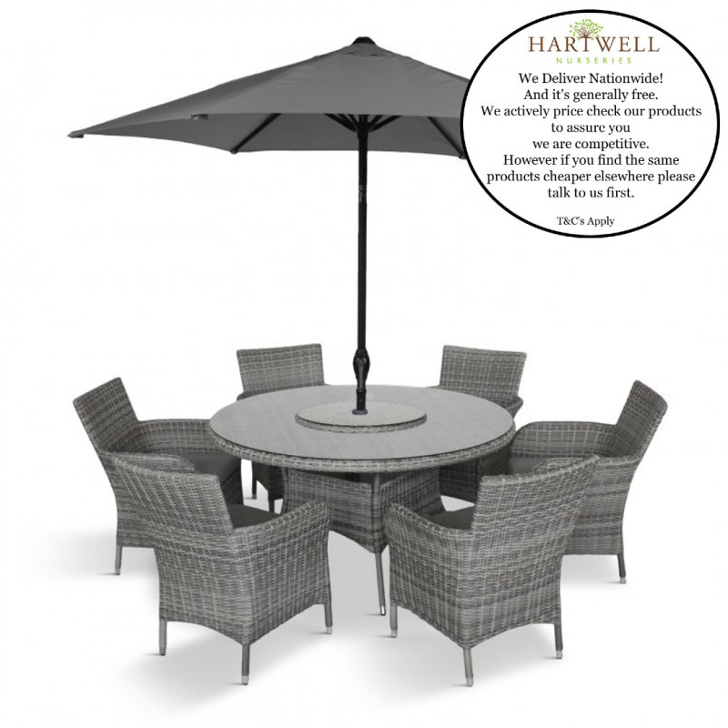  Monaco Stone 6 Seat Dining Set with Weave Lazy Susan 3.0m Parasol & Base