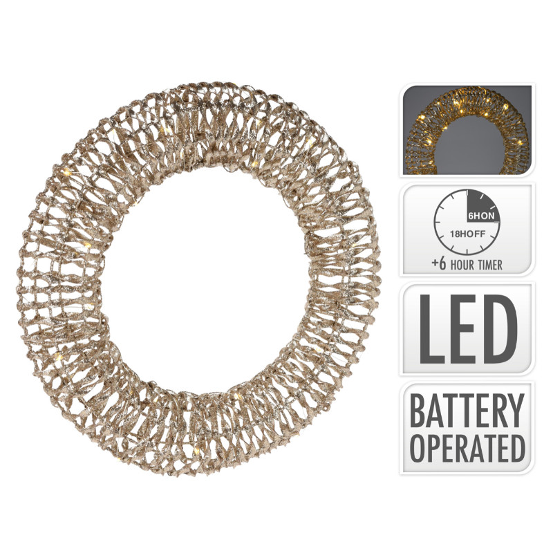 Gold Hanging Wreath 30 Warm White Micro Lights 40x40CM photo