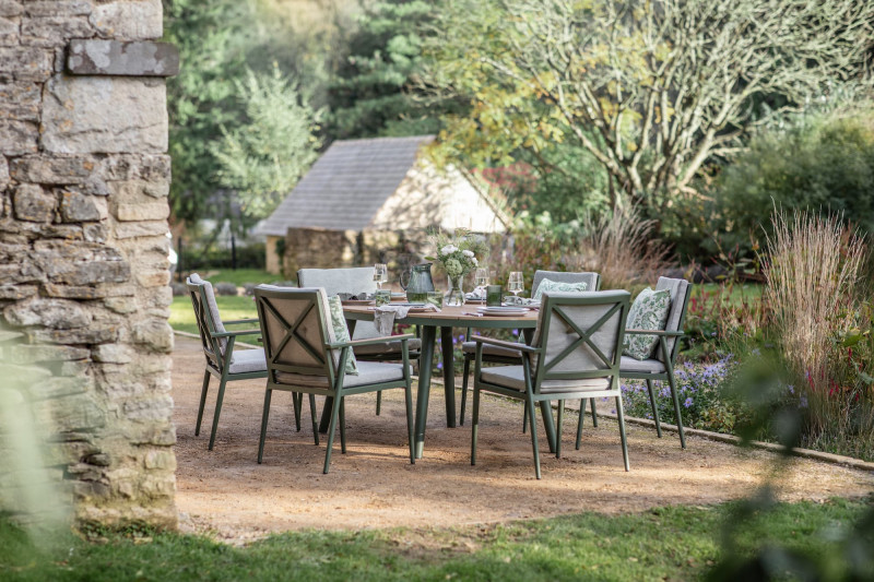 Wisley 175x120cm Ellip Table, 6 Armchairs, Parasol & Base- Sage photo